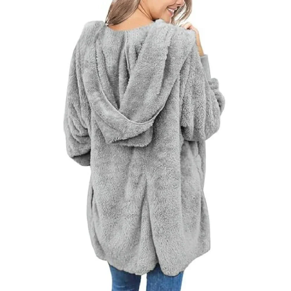 Oversized Sherpa Fleece Jacket Long Cardigan with Pockets Plus Size